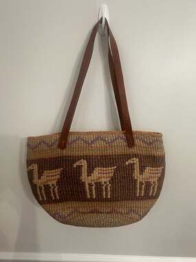 Vintage Bag Bazaar Woven Straw Tote Bag with Camel Motif and Leather Straps